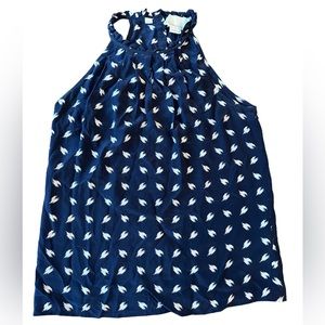 CYNTHIA ROWLEY 100% Silk SHIRT Tank Navy Blue & Tan High Ruffle Neck Size XS